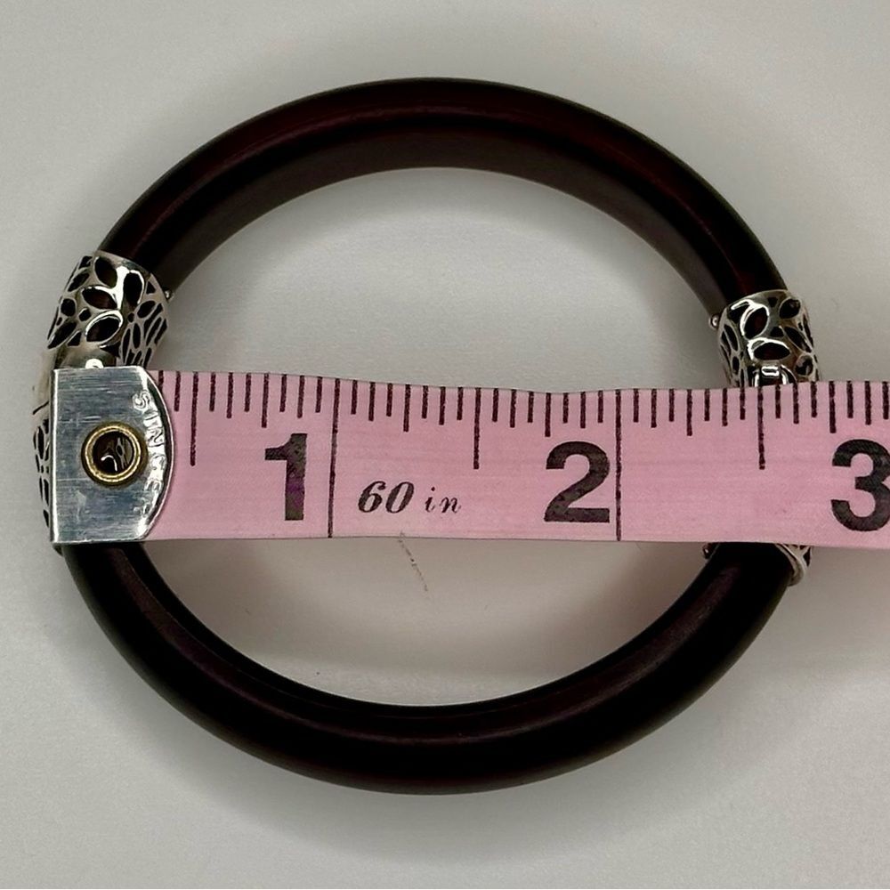 Vintage Sterling Silver & Wood Bangle Bracelet Artisan 925 Hinged Floral Clasp - Picture 10 of 12